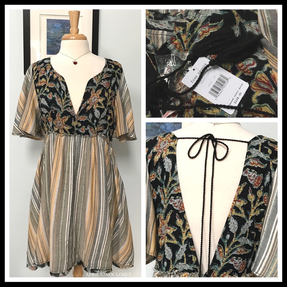 FREE PEOPLE BOHO BLACK PRINT MINI TUNIC DRESS A2C - Picture 5 of 8